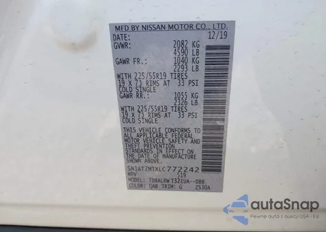 2020 Nissan Rogue Sl Fwd from USA, damaged, VIN 5N1AT2MTXLC772242